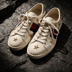 Gucci White Sneakers with Gold Star Embroidery
